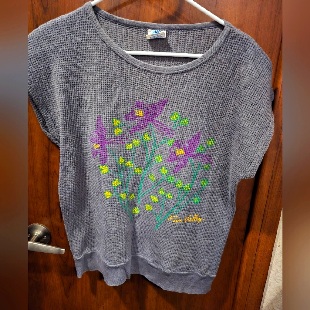 Vintage Cascade Floral Print Waffle Material Top Sz L